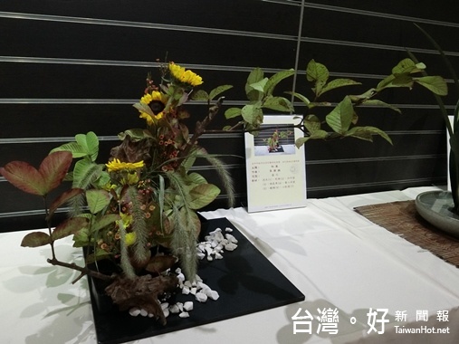 這次中秋花藝展的花材像是狼尾草或是芭樂，幾乎都是生活周邊就可以取得，希望民眾可以花藝帶入家庭中。（記者賴淑禎攝）