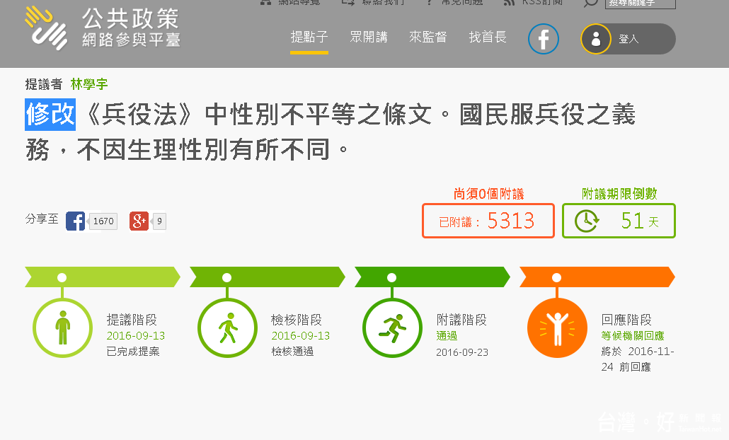 提議發起修改兵役法不平等之條文，認為「國民服兵役之義務，不因生理性別有所不同」（圖／翻攝「公共政策網路參與平台」）