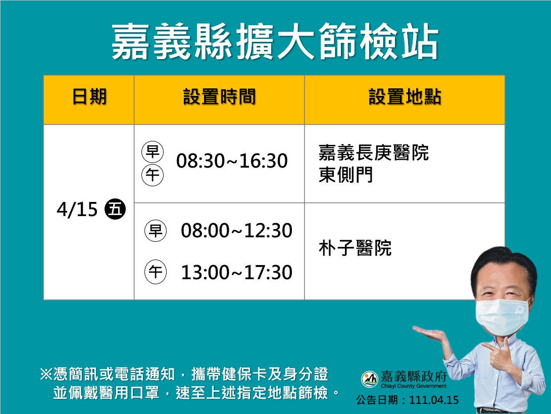 嘉義縣擴大篩檢站設置地點及時間／嘉義縣府提供