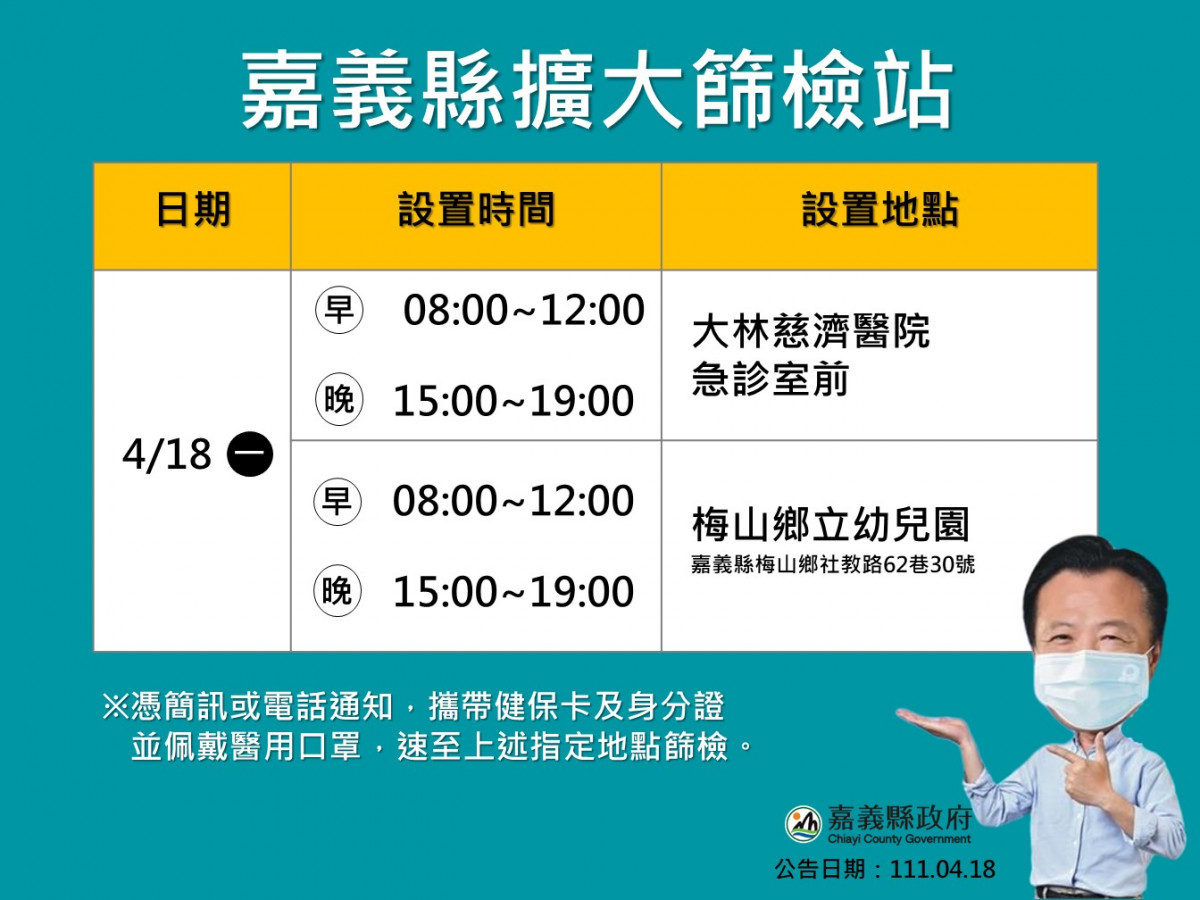 嘉義縣擴大篩檢站設置時間與地點／嘉義縣府提供