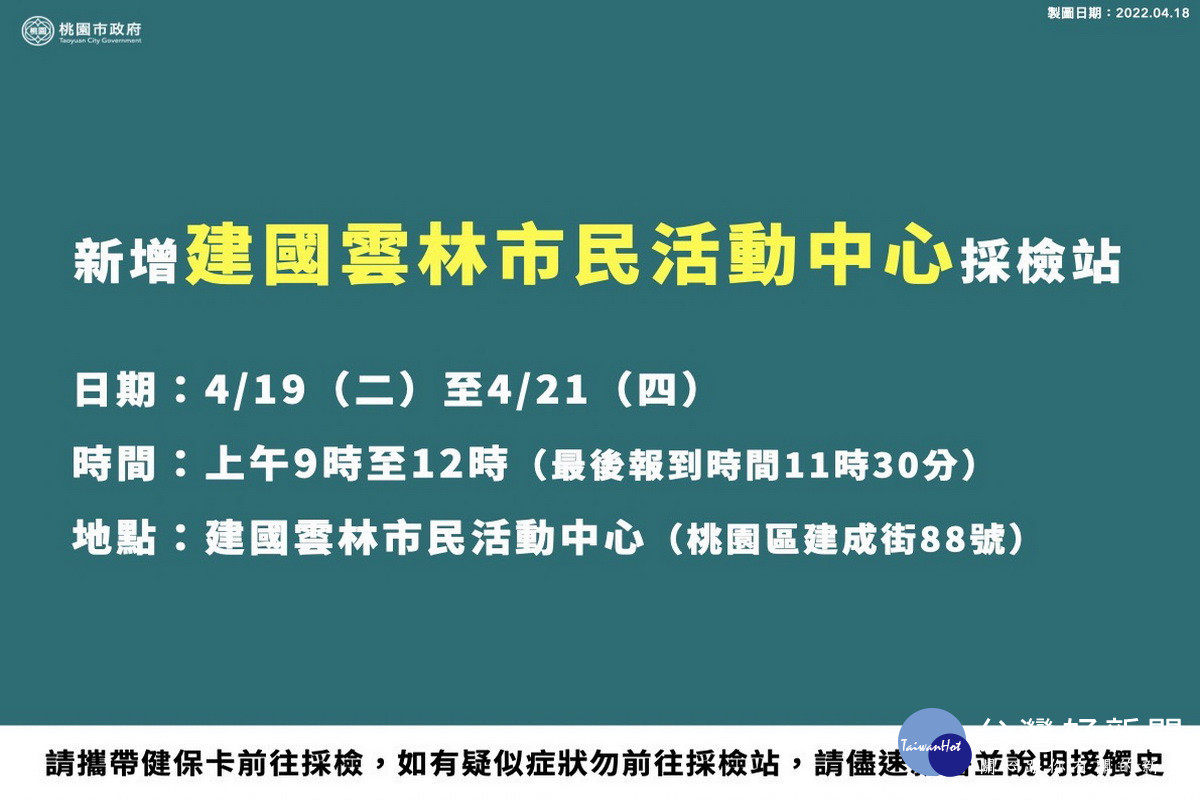 桃園市增設「建國雲林市民活動中心」社區採檢站。