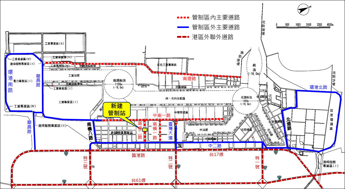 臺中港新建南橫二路管制站位置圖。