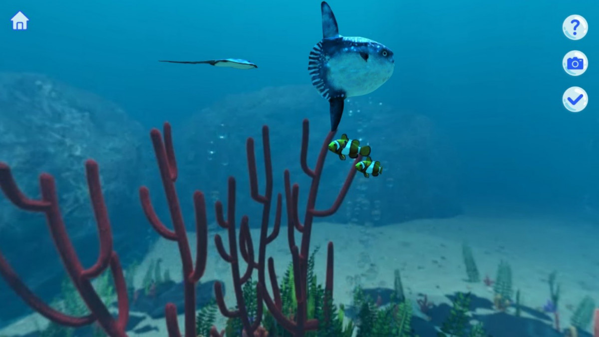 在水下攝影師的互動遊戲，點選遊戲彷彿置身海底世界，滑動頁面可以觀看美麗的海底世界並捕捉海洋生物的倩影。（圖／教育部青年署提供）