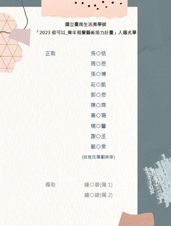 臺南生活美學館2023青年視覺藝術培力計畫　入選名單出爐