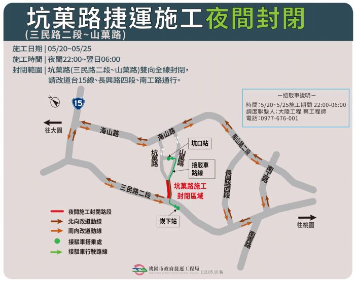 桃園捷運於大園區坑菓路進行夜間封閉道路施工，提醒民眾提前改道。