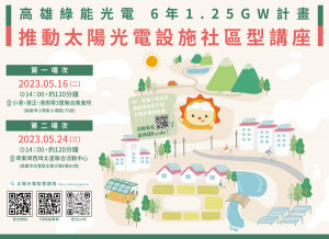 ▲高市補助建築物設置太陽光電社區講座5/16﹑5/24登場。