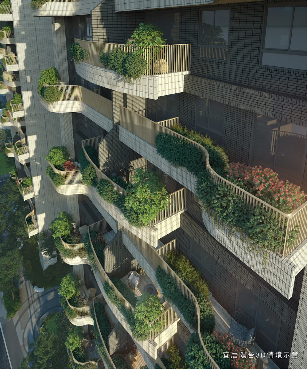 跳島式弧形陽台，優美綠化建築外觀。