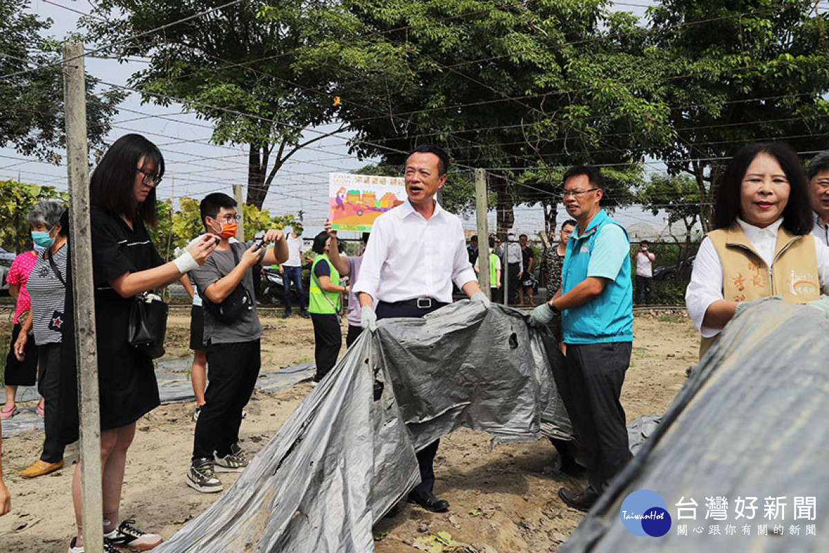 翁章梁在絲瓜棚實地示範抖落廢農膜塵土、捆好動作，宣導正確收取方式，透過抖落砂土達到再利用業者允收標準／陳致愷翻攝