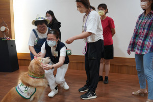 台中慈院副護理長林怡萱（中）在「黃金三角模式」下與治療犬貝貝互動。