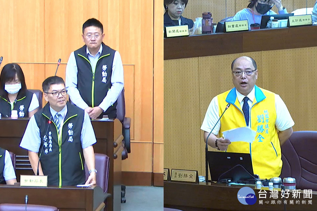 針對外送平台自治條例，桃園市議員劉勝全質詢市府勞動局長李賢祥。