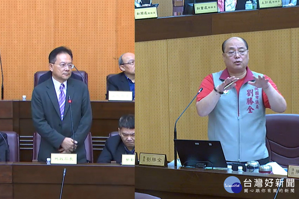 關心地方建設發展，桃園市議員議員劉勝全於議事堂上進行質詢。