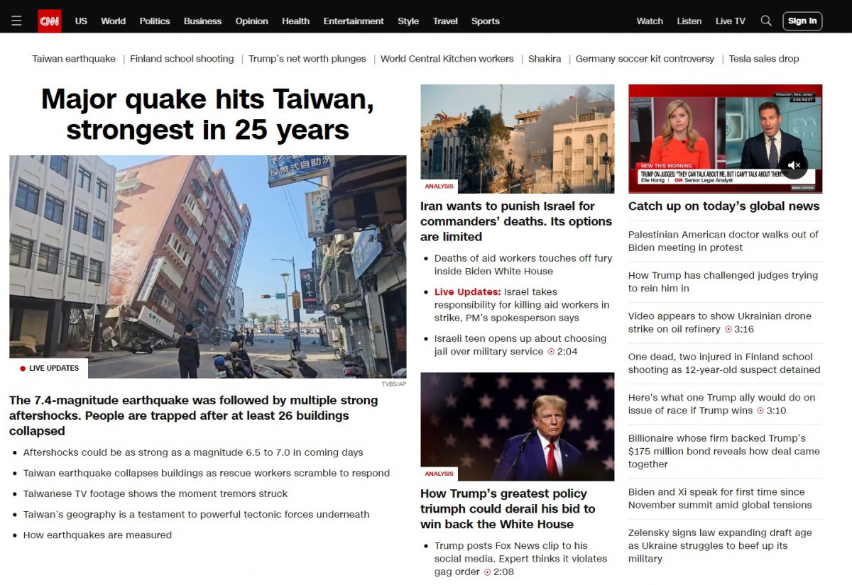花蓮強震　<span style='color:red'>CNN</span>、BBC頭版追蹤台灣災情　美測報規模7.4　日本上修7.7級