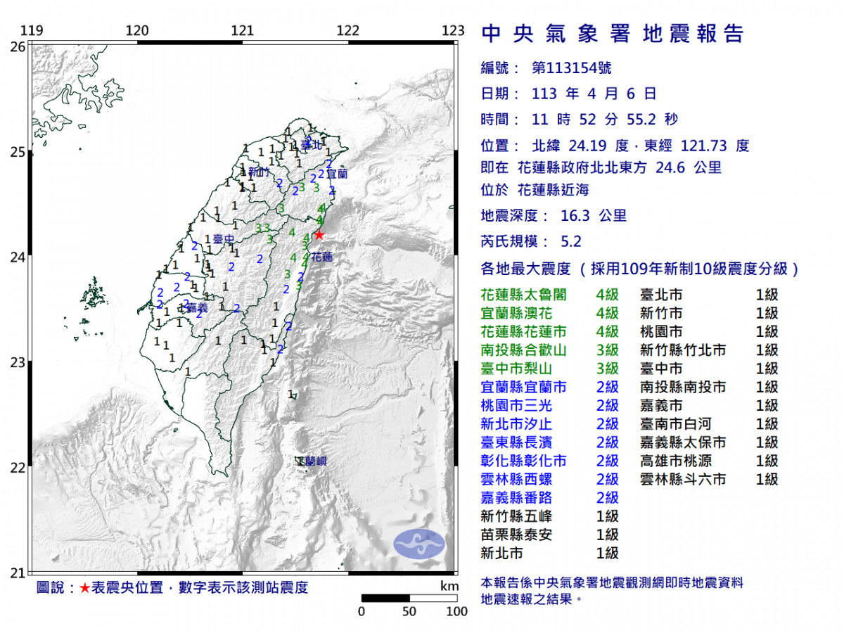 花蓮近海發生規模5.2地震　最大震度4級