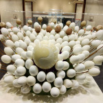 是一顆鴕鳥蛋雕刻著太極，以及168顆土雞蛋和白雞蛋所組成的孔雀，以示迎賓之意。圖／記者鄧富珍攝