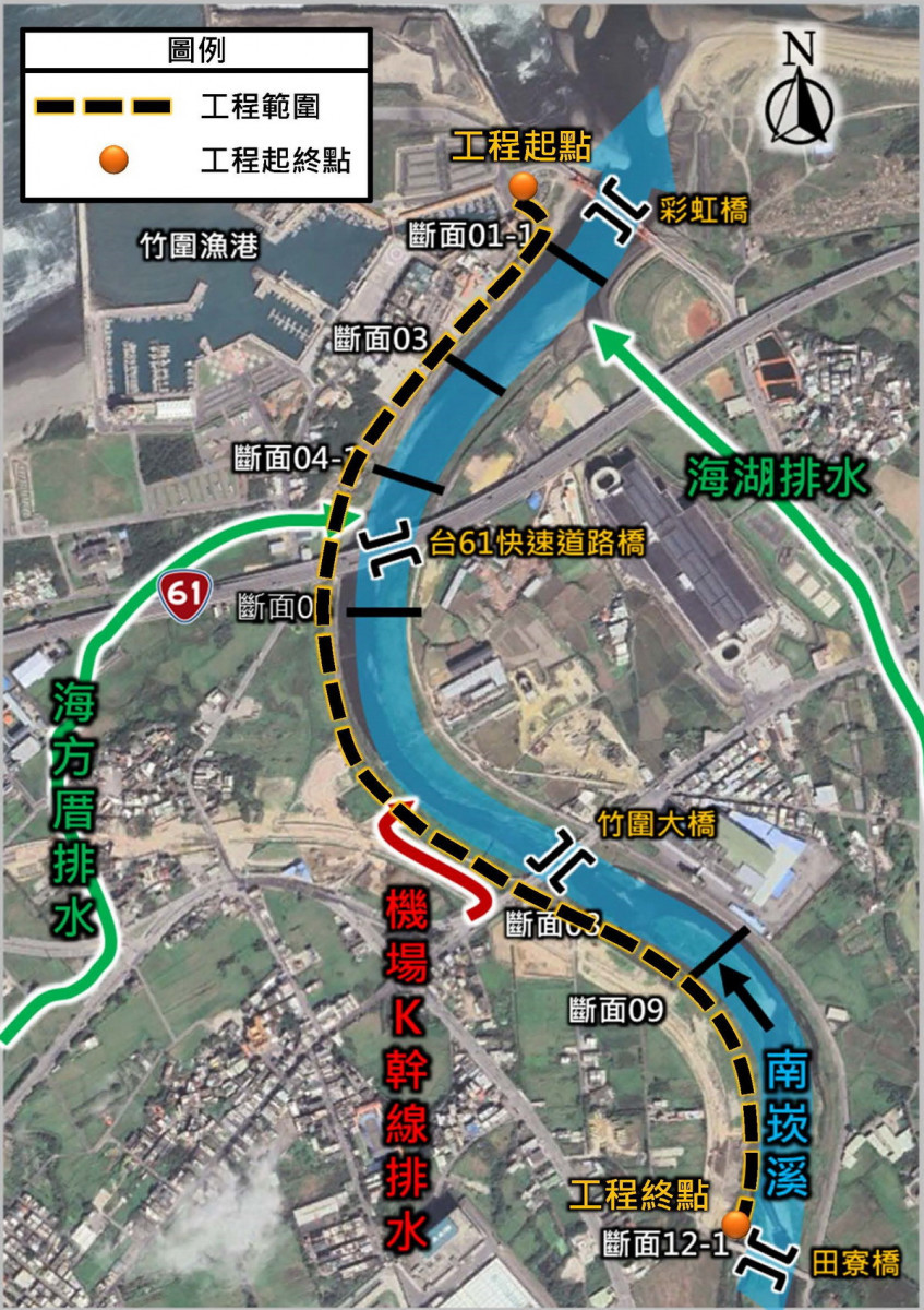 南崁溪下游段河口至田寮橋護岸新建工程範圍圖。