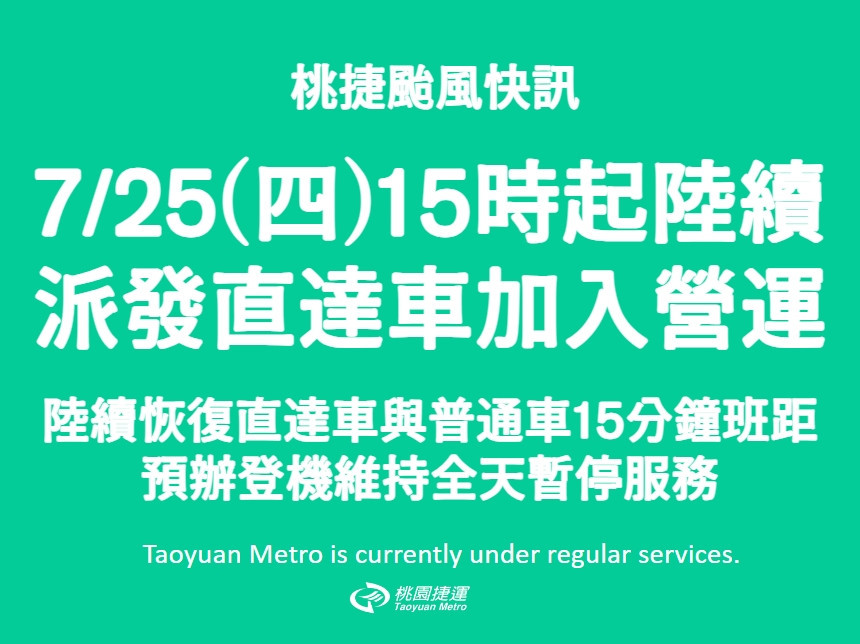 凱米颱風減弱， 機場捷運15時起陸續恢復直達車班次。