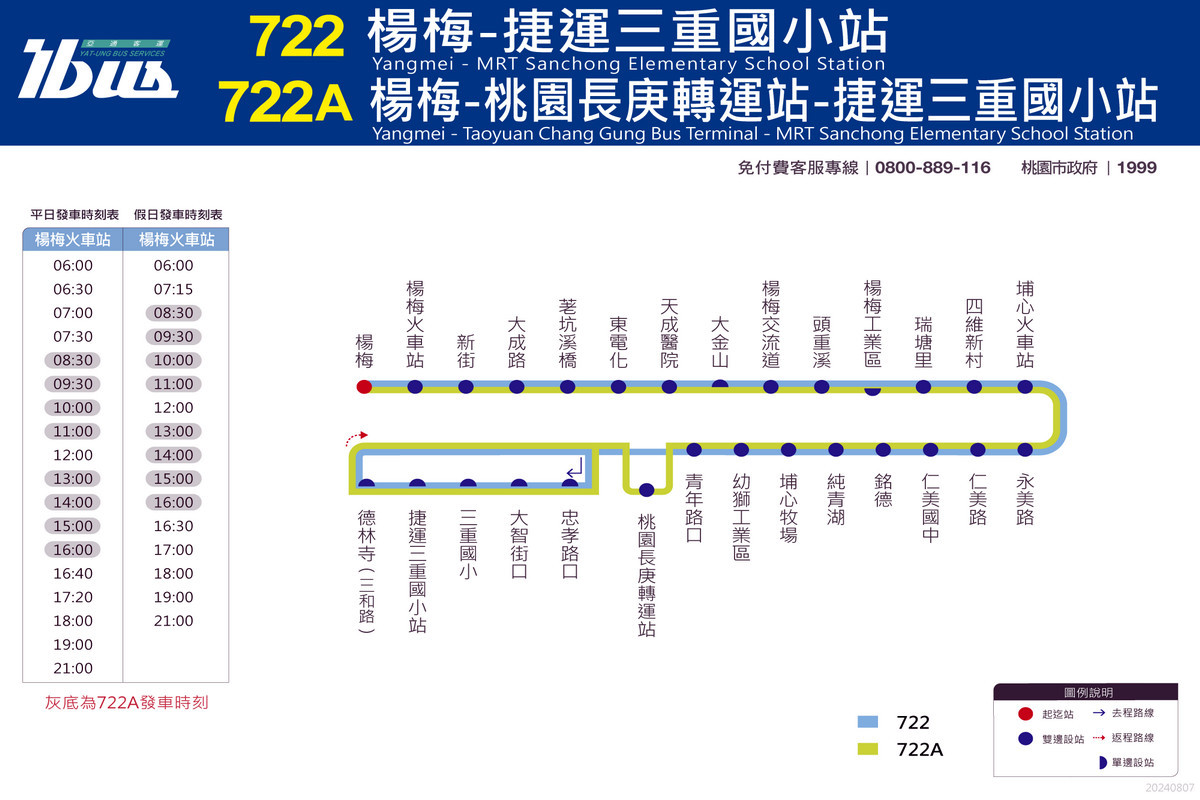 楊梅市區公車722、722A路線、時刻表。