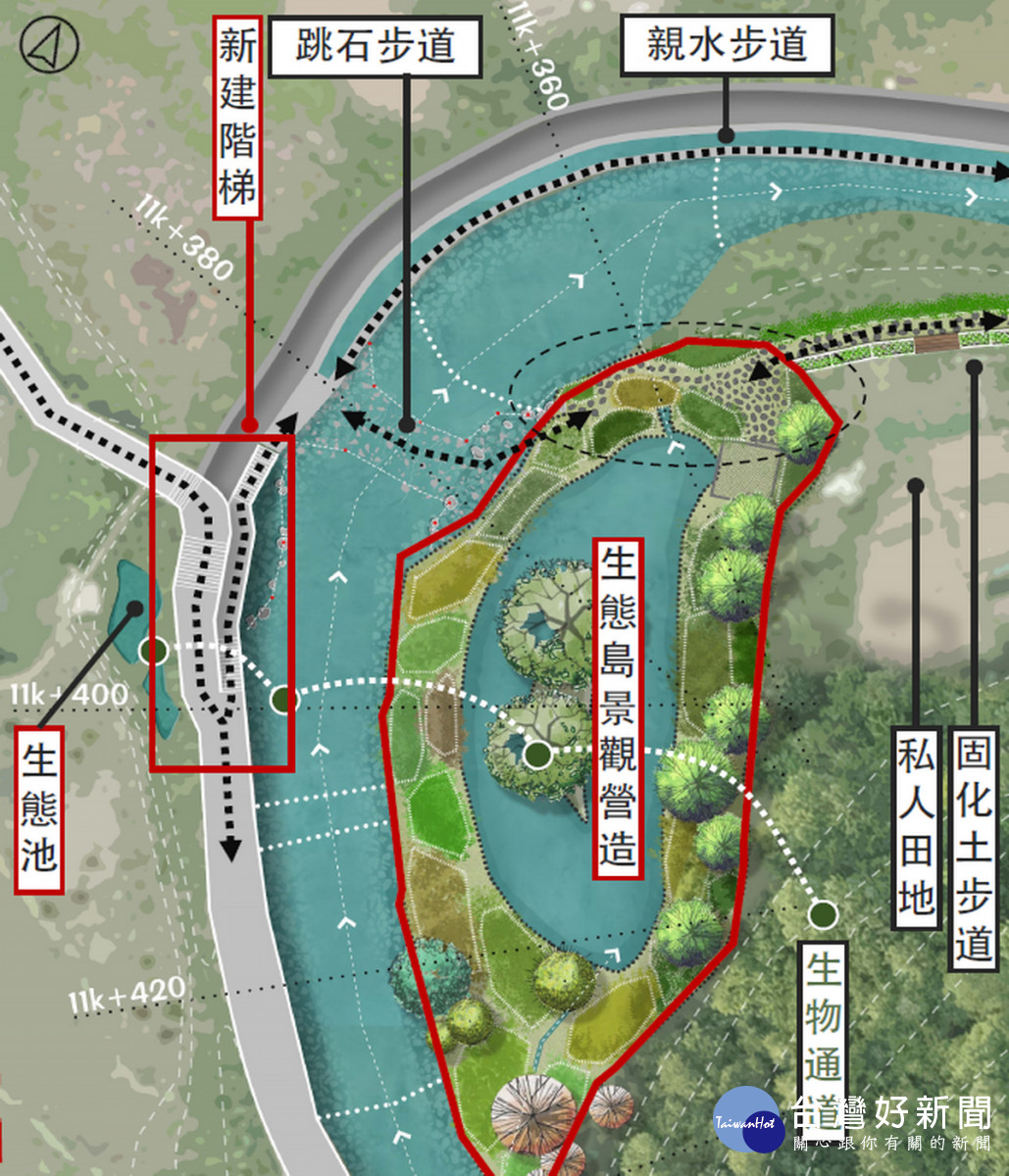 草嶺溪水環境營造工程施工後生態島模擬圖(複層植栽多樣性)。<br />
