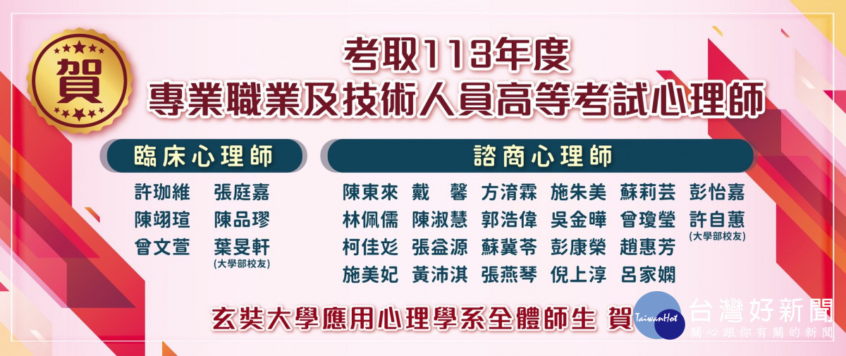 玄奘大學113年度專業職業及技術人員高等考試心理師榜單。