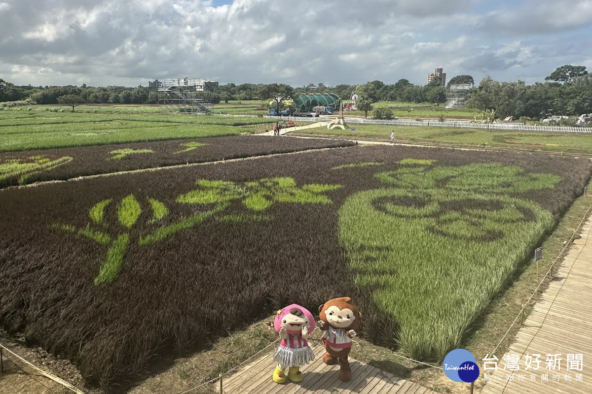 大園溪海彩繪稻田高達4公頃，桃園的吉祥物「阿桃、園哥」邀您一起來遊賞。