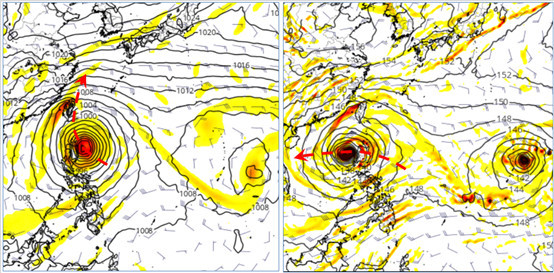 圖：最新(19日20時)歐洲(ECMWF)模式25日20時模擬圖顯示、擾動前進至呂宋島東北角，未來轉向台灣東部近海，闖進警報區(左圖)。美國(GFS)模式25日20時模擬圖則為、已通過呂宋島北部，未來向南海前進(右圖)。