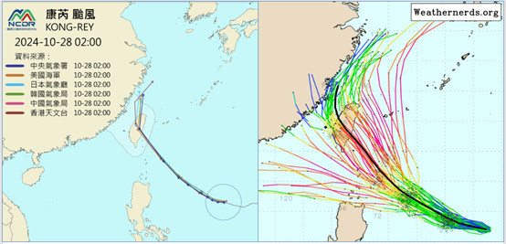最新(28日2時)各國官方的預測路徑(左圖)顯示，「康芮」已調整至登陸台灣。最新(27日20時)歐洲模系集式模擬顯示，「康芮」的系集平均路徑(粗黑線)亦在台灣登陸，系集模擬路徑分布在其兩側，僅通過鄰近海域而未登陸的數量亦不少(右圖)。（圖／翻攝「洩天機教室」專欄）