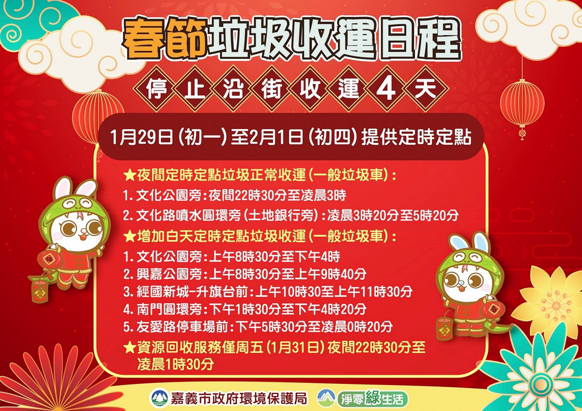 嘉義市春節期間（1月29日（初一）~2月1日（初四）垃圾收運日程／嘉義市府提供