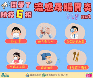 開學期間正值流感、病毒性腸胃炎流行期，嘉義縣衛生局力推防疫6招／嘉義縣府提供