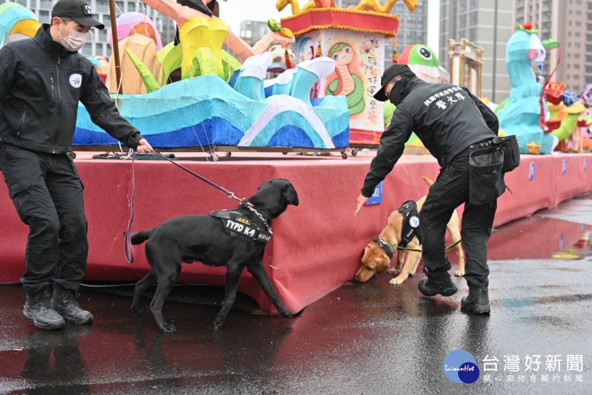 桃園燈會警犬負責場檢任務，協助犯罪預防宣導與民眾互動。