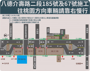 配合捷運綠線施工 ，  八德區介壽路部份道路封閉車輛靠右行駛。