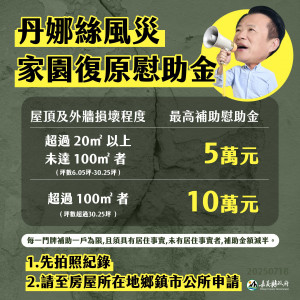 嘉義縣公告丹娜絲風災住屋毀損慰助金／嘉義縣府提供