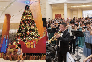 大廳中高聳的聖誕主樹以紅、金交織的節慶風格亮眼登場，成為旅客踏入館內的第一眼冬季驚喜。