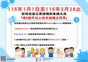 115年1月1日至2月28日期間，擴大新冠疫苗公費對象為「滿6個月以上尚未接種之民眾」/嘉義市府提供