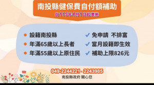 南投縣健保自付額補助，115年4月正式上路。