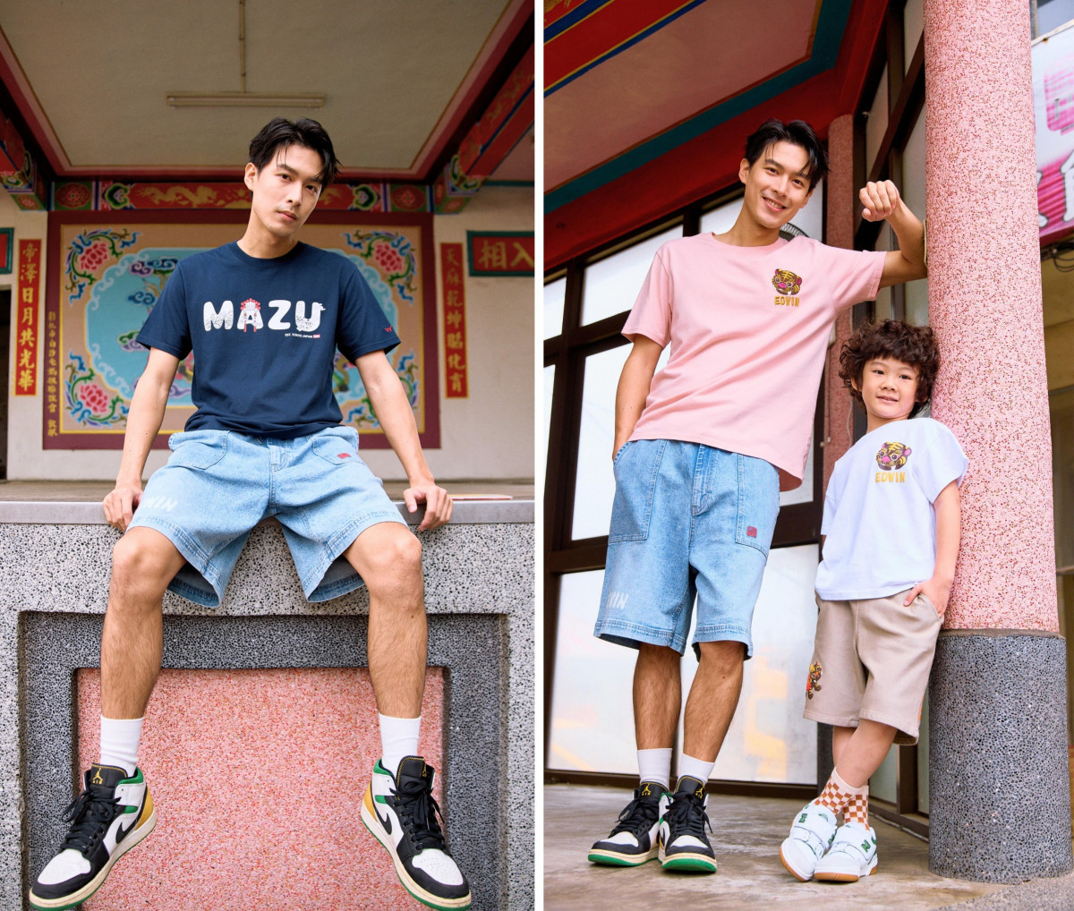 媽祖聖母冠潮流短袖T恤X白沙屯鬆緊帶寬版丹寧短褲穿搭示範。