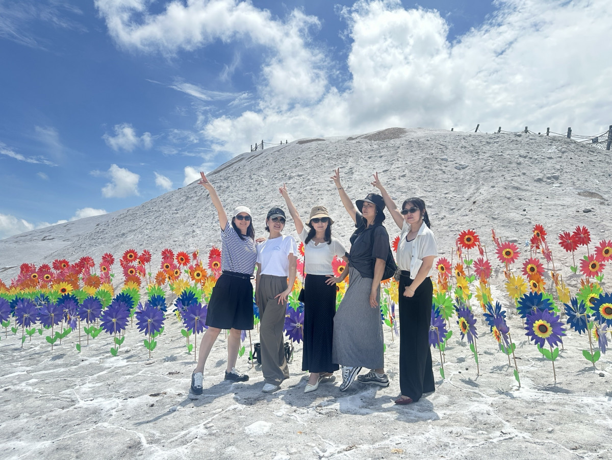 繽紛花海風車與雪白鹽山相互映襯，吸引不少民眾搶拍夢幻畫面。