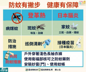 嘉義縣8日出現日本腦炎確定病例，衛生局呼籲，家中幼兒及早接種日本腦炎疫苗，也提醒民眾加強巡、倒、清、刷落實防蚊／縣府提供