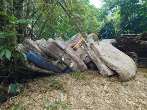 大批舊床墊被棄置在產業道路邊坡。（簡千翔服務處提供）