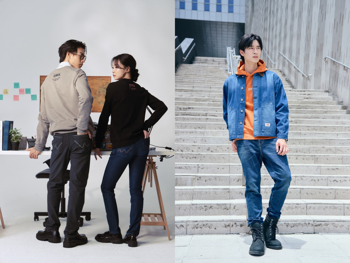 穿搭示範–JERSEYS迦績褲(圖左)、RED LABEL 365 溫控丹寧中腰窄管直筒褲(圖右)。