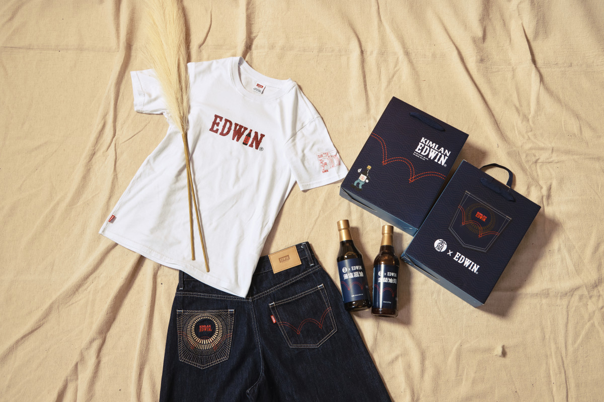 金蘭LOGO短袖T恤+金蘭丹寧直筒褲(圖左)、EDWIN × 金蘭限定聯名禮盒(圖右)。