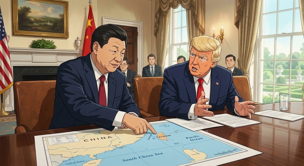 美中兩大巨頭再次會面，地圖上的台灣命運引發各界熱議。（圖／AI生成模擬圖）