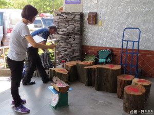 警方查獲裁切好的珍貴肖楠樹材九塊，會同林務局人員清點，總重量二0八公斤，市價逾三十萬元。(圖／保七總隊第五大隊提供)