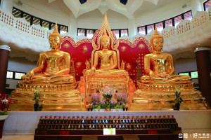 靈鷲山指目前供奉在金佛殿的三尊金佛，就是泰國國寶金佛的分尊。（圖／靈鷲山提供）