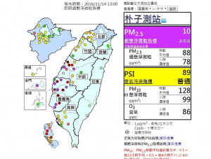 在14日下午1時的時間點，嘉義朴子等多個中南部地區測站，已測到空氣細懸浮微粒（PM2.5）濃度達到極度危險的紫爆等級。.（圖／環保署空氣品質監測網）