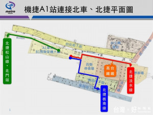 機捷A1站連接北車及北捷平面圖。