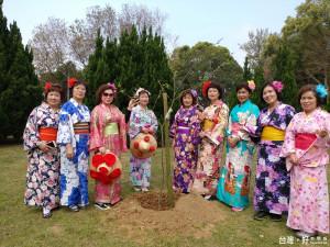 日本河津櫻捐贈桃市虎頭山忠烈祠添春色，舞者在日本育櫻會理事長松前孝廣手植櫻花前合影