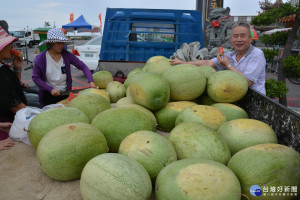 越南新住民開卡車在台南七股龍山漁港賣自種西瓜，現切請鄉親免費試吃，強調自種自採俗俗賣一斤10元，鄉親試吃時露出滿意笑容，半天下來，一卡車的大西瓜賣掉七成以上。賓主盡歡，兩造買賣之間露出台灣人好客的人情味。(記者/黃芳祿攝)