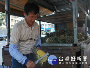嘉義縣農民傅金輝種的鳳梨，每年到大甲叫賣，都出現購買人潮，三

千斤祗一上午就銷售一空。（記者陳榮昌攝）