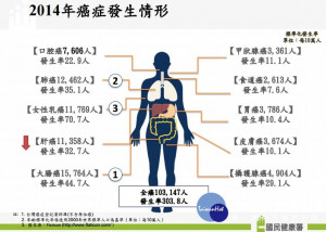 國人癌症新發首破10萬人，大腸癌連9年奪冠。（圖片來源／國民健康署）