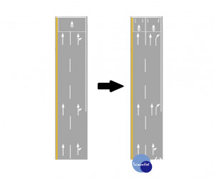 「分流式指向線」，是因應台灣汽、機車外側車道混流的特性，因此將現有直行右轉指向標線加以改良，在外側4公尺以上的車道，對直行與右轉的標線採各自獨立劃設的方法，用以明確表達右轉車靠右，直行車靠左的意念。（圖／交通部運研所）